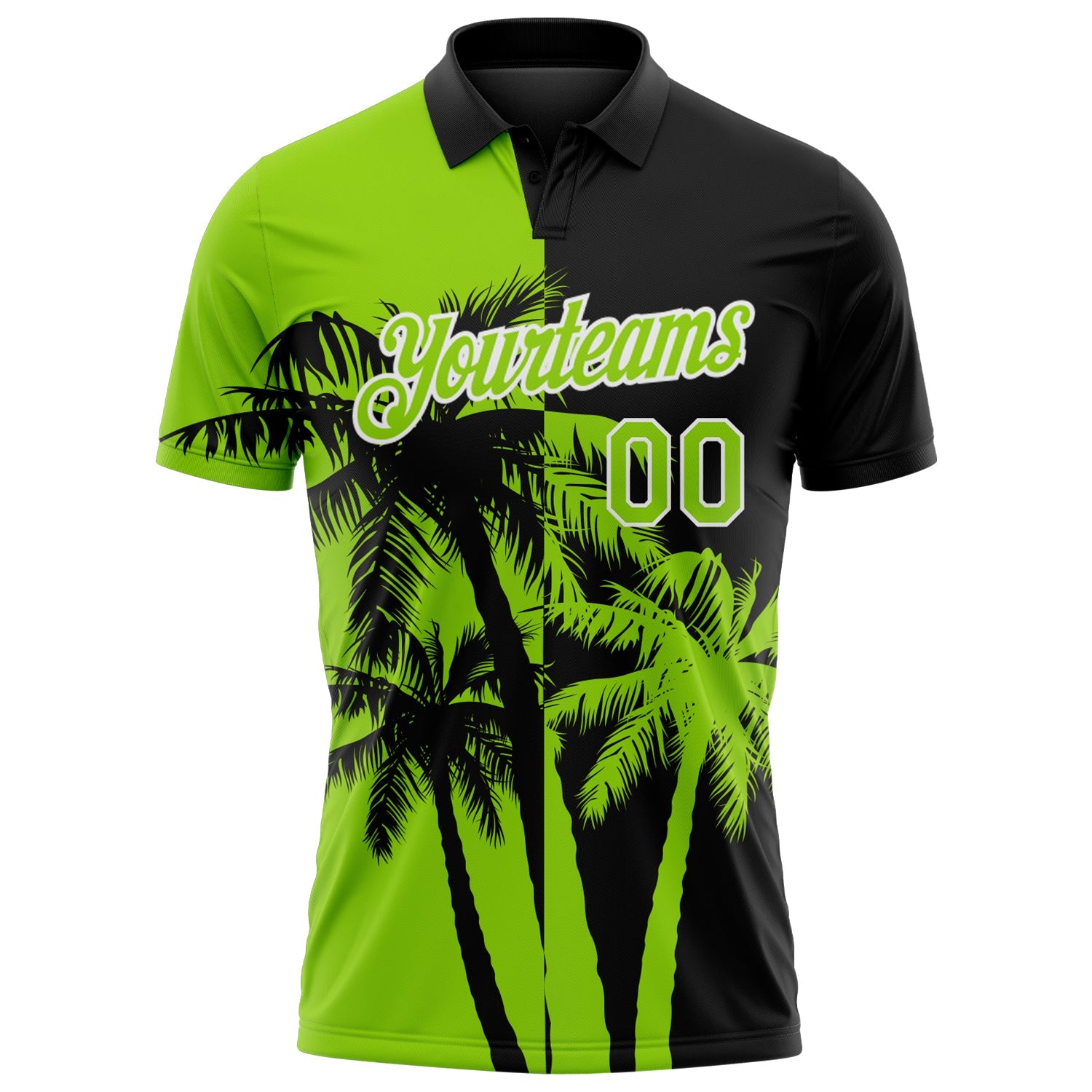 Custom Black Neon Green-White Hawaii Tropical Coastal Palm Trees Performance Polo Shirt