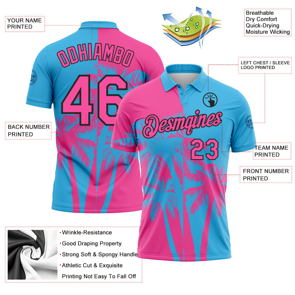 Custom Sky Blue Pink-Black Hawaii Tropical Coastal Palm Trees Performance Polo Shirt