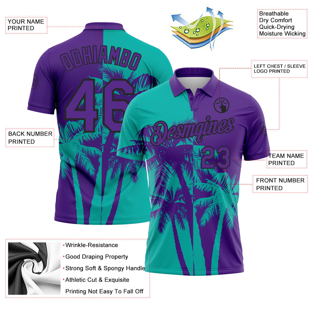 Custom Purple Aqua-Black Hawaii Tropical Coastal Palm Trees Performance Polo Shirt