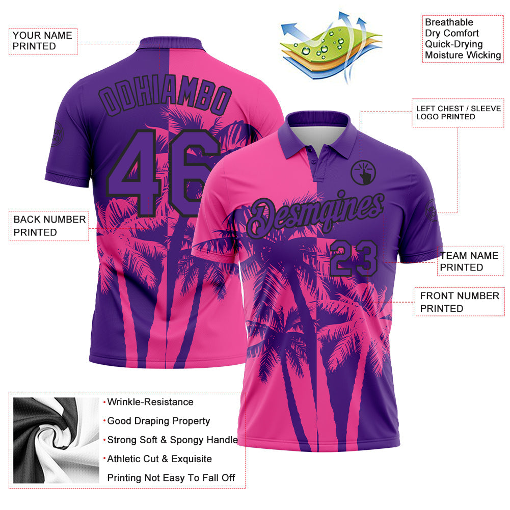Custom Purple Pink-Black Hawaii Tropical Coastal Palm Trees Performance Polo Shirt