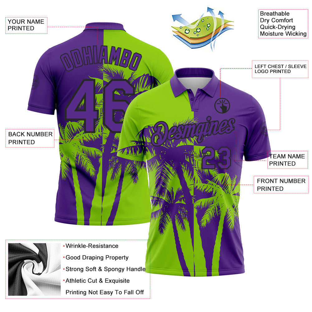 Custom Purple Neon Green-Black Hawaii Tropical Coastal Palm Trees Performance Polo Shirt