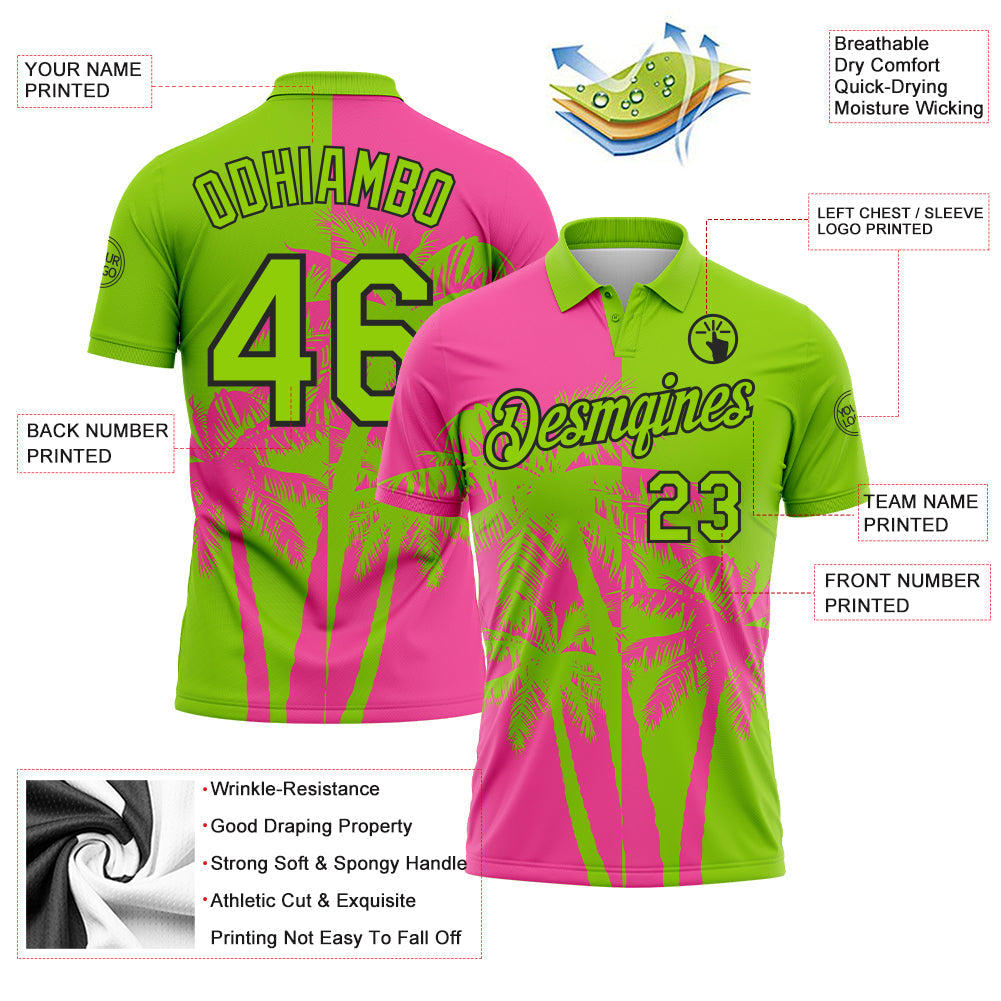 Custom Neon Green Pink-Black Hawaii Tropical Coastal Palm Trees Performance Polo Shirt