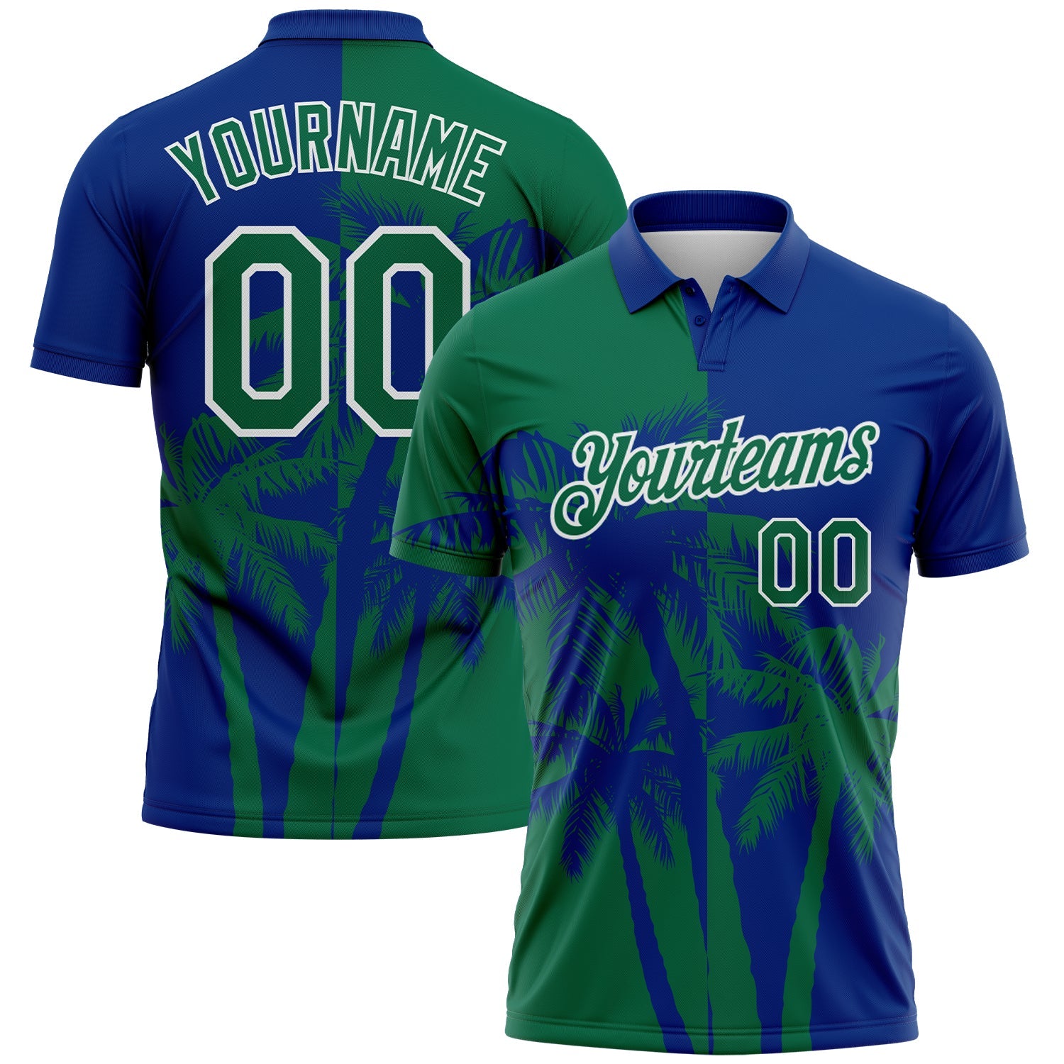 Custom Royal Kelly Green-White Hawaii Tropical Coastal Palm Trees Performance Polo Shirt