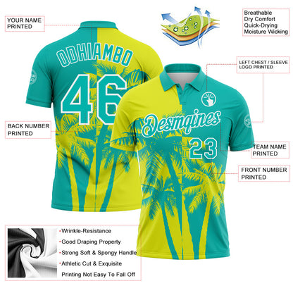 Custom Aqua Neon Yellow-White Hawaii Tropical Coastal Palm Trees Performance Polo Shirt