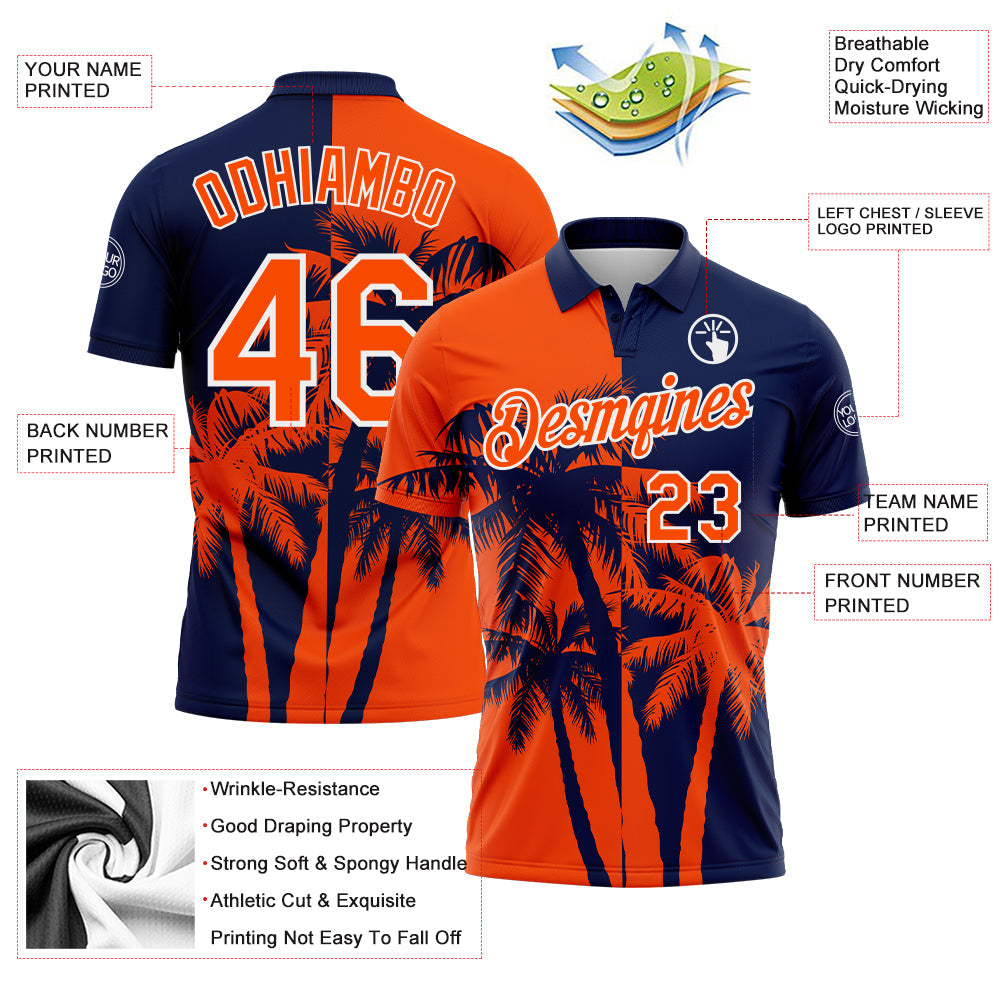 Custom Navy Orange-White Hawaii Tropical Coastal Palm Trees Performance Polo Shirt