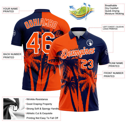 Custom Navy Orange-White Hawaii Tropical Coastal Palm Trees Performance Polo Shirt