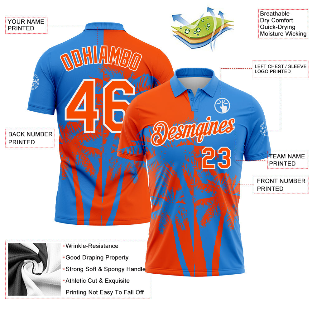 Custom Powder Blue Orange-White Hawaii Tropical Coastal Palm Trees Performance Polo Shirt
