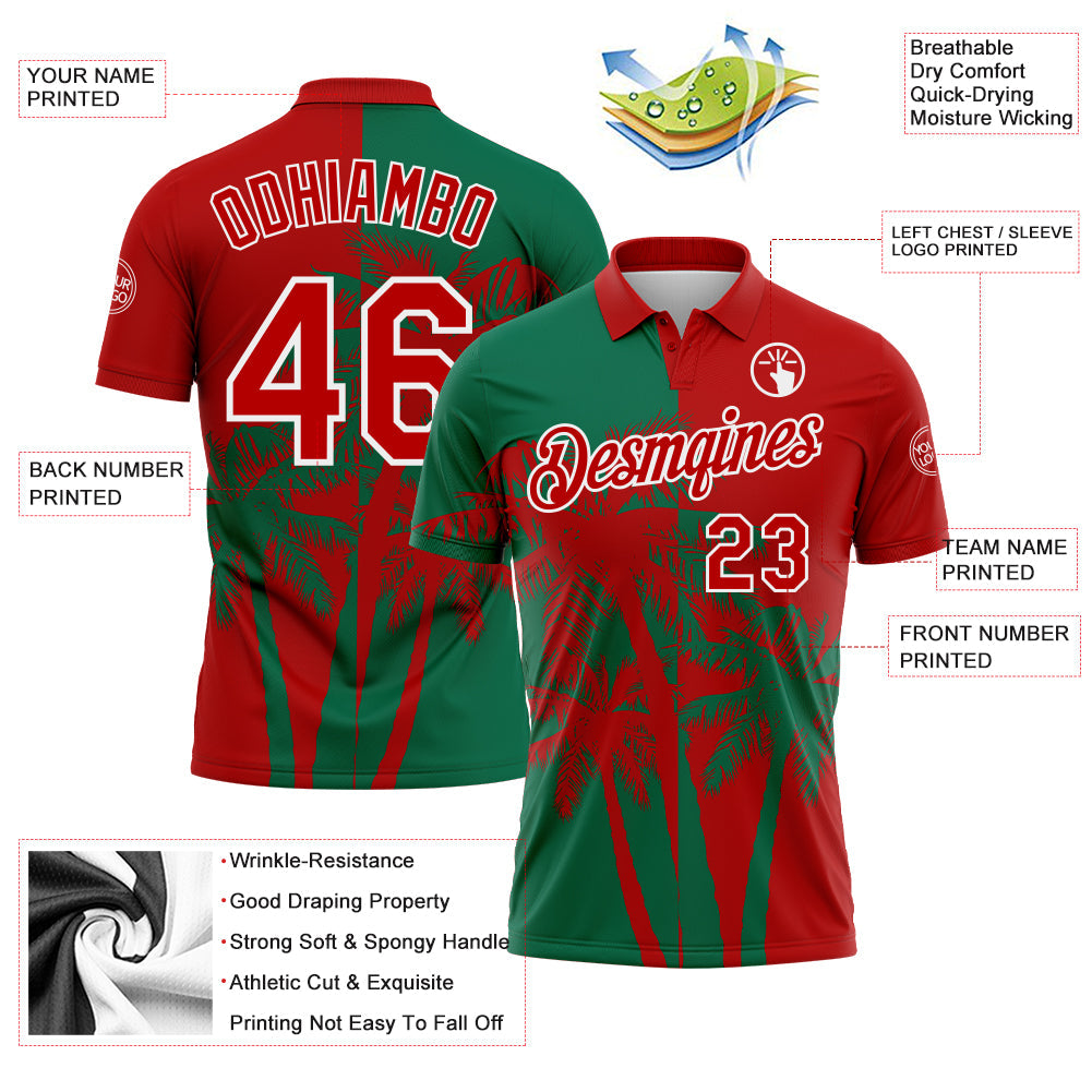 Custom Red Kelly Green-White Hawaii Tropical Coastal Palm Trees Performance Polo Shirt