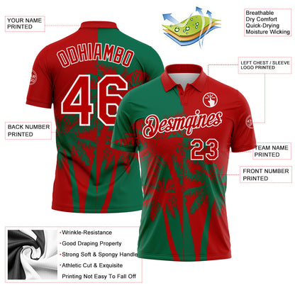 Custom Red Kelly Green-White Hawaii Tropical Coastal Palm Trees Performance Polo Shirt
