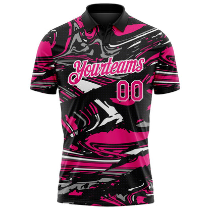 Custom Black Hot Pink Gray-White 3D Pattern Abstract Fluid Marble Performance Polo Shirt