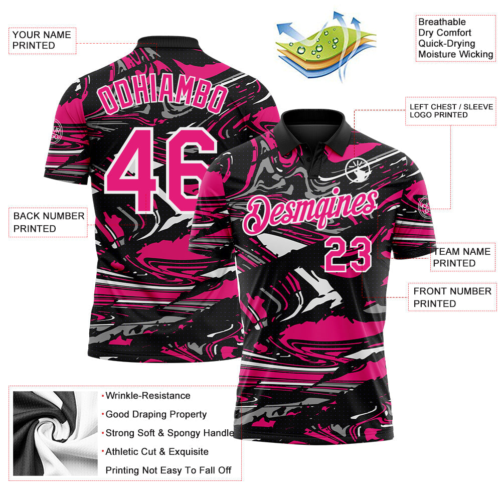 Custom Black Hot Pink Gray-White 3D Pattern Abstract Fluid Marble Performance Polo Shirt