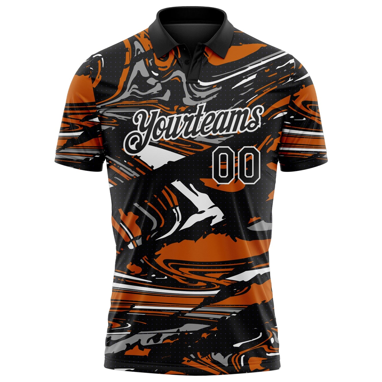 Custom Black Texas Orange Gray-White 3D Pattern Abstract Fluid Marble Performance Polo Shirt