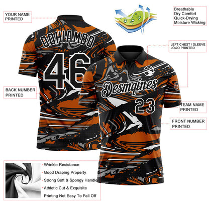 Custom Black Texas Orange Gray-White 3D Pattern Abstract Fluid Marble Performance Polo Shirt