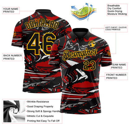 Custom Black Red Gray-Gold 3D Pattern Abstract Fluid Marble Performance Polo Shirt