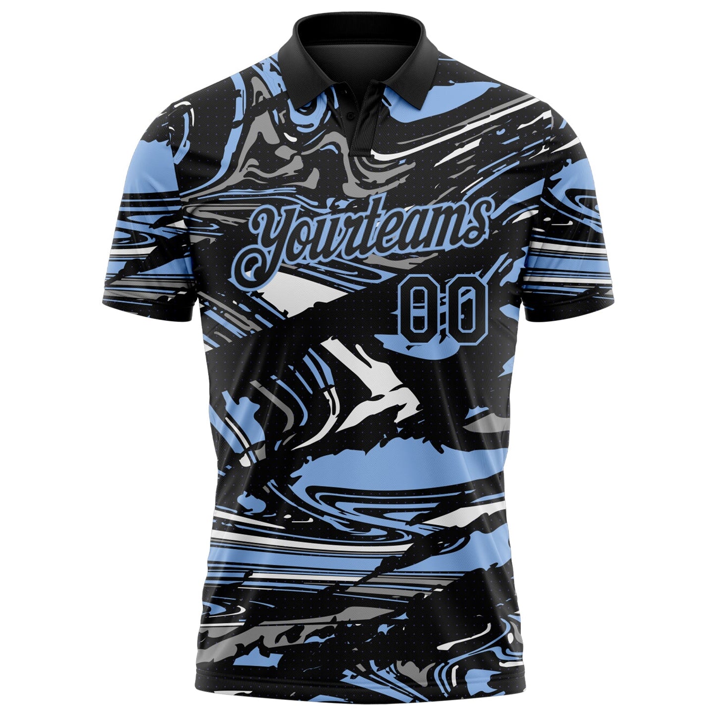 Custom Black Light Blue-Gray 3D Pattern Abstract Fluid Marble Performance Polo Shirt
