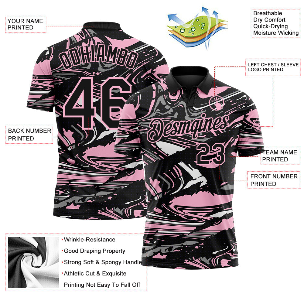 Custom Black Light Pink-Gray 3D Pattern Abstract Fluid Marble Performance Polo Shirt