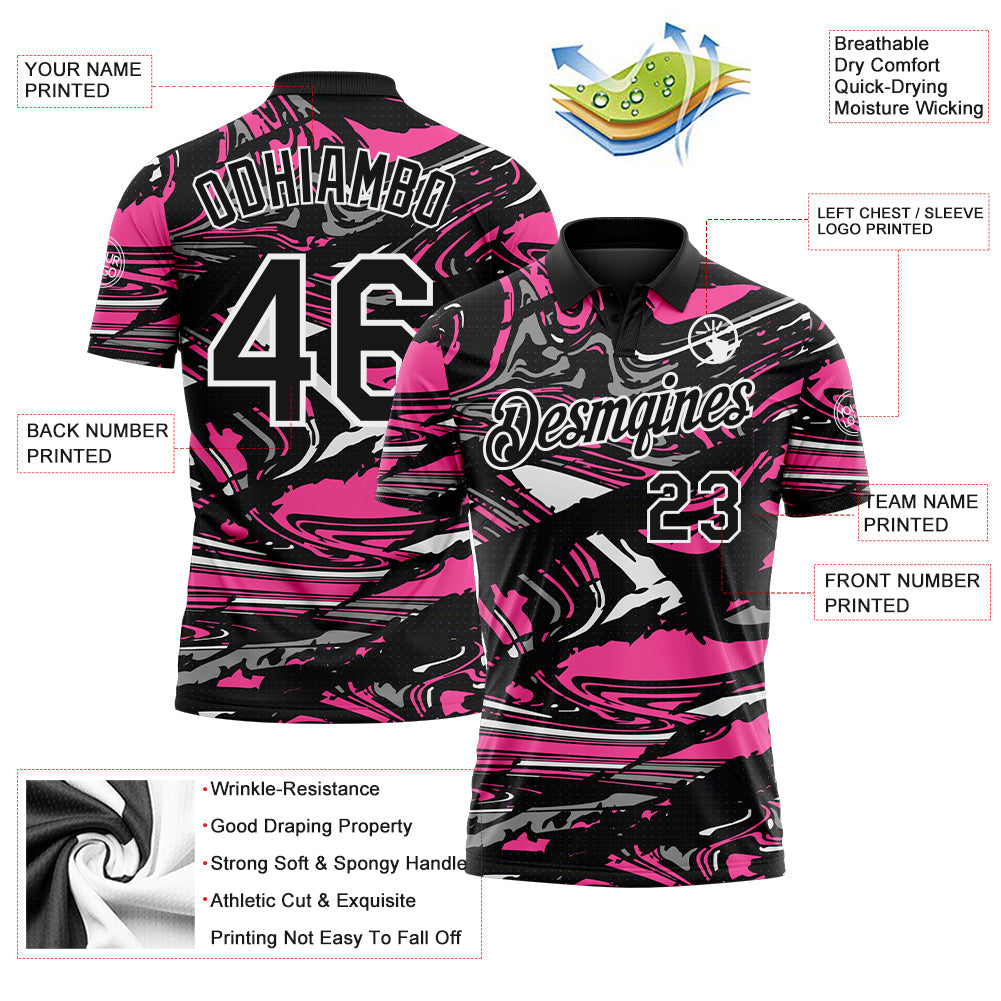 Custom Black Pink Gray-White 3D Pattern Abstract Fluid Marble Performance Polo Shirt