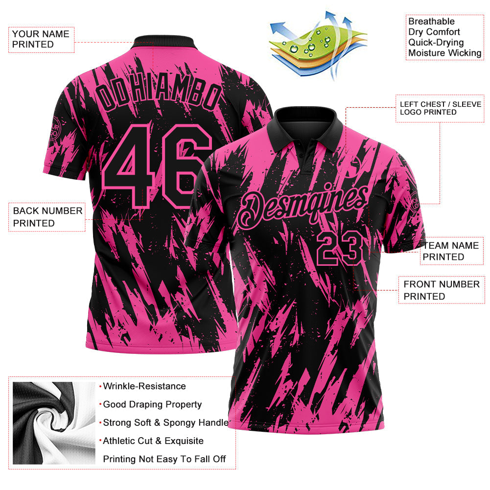 Custom Black-Pink Torn Sharp Brush Stroke Splatter Performance Polo Shirt