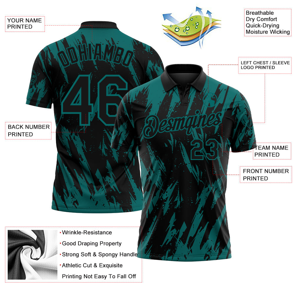 Custom Black-Teal Torn Sharp Brush Stroke Splatter Performance Polo Shirt