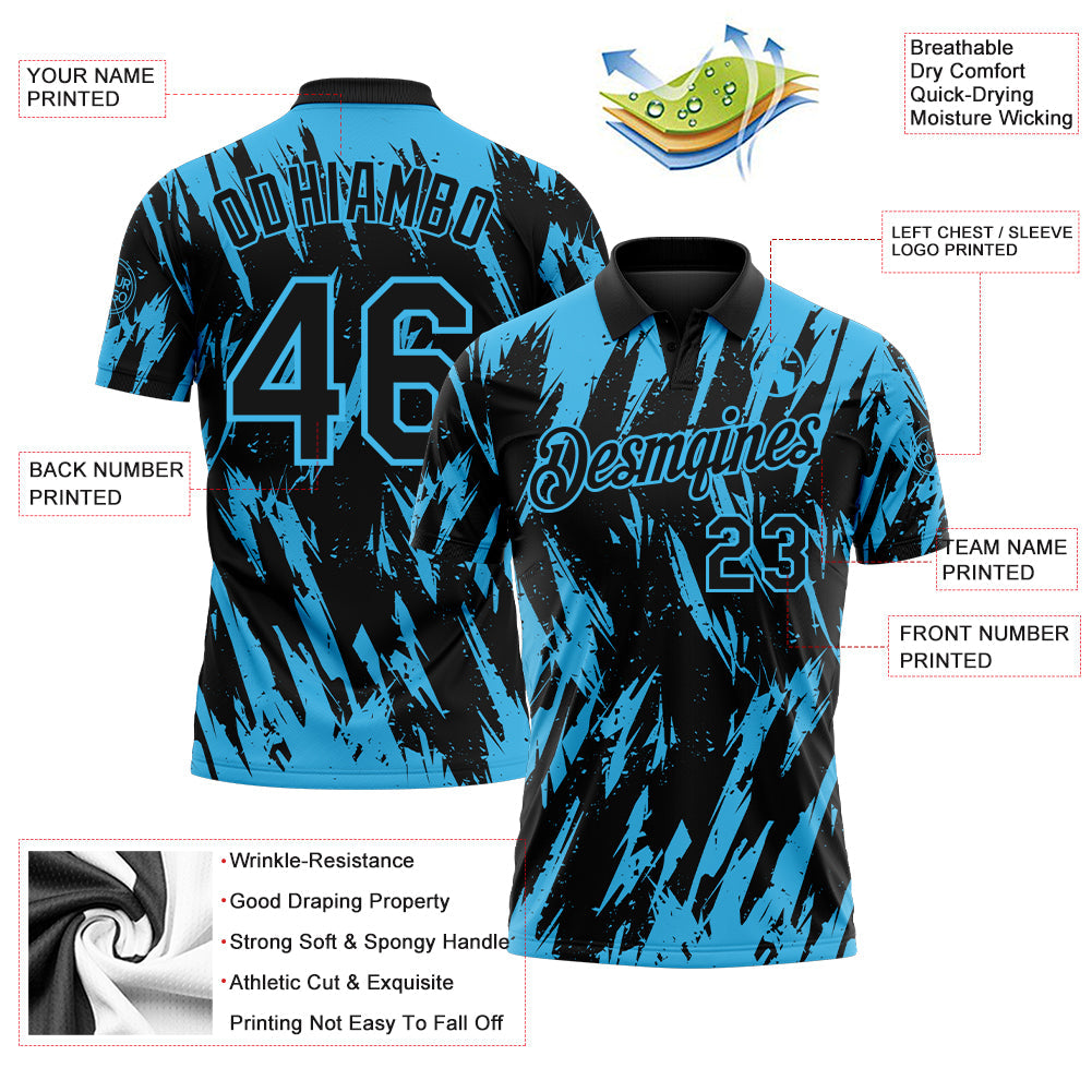 Custom Black-Sky Blue Torn Sharp Brush Stroke Splatter Performance Polo Shirt