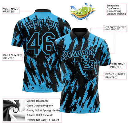 Custom Black-Sky Blue Torn Sharp Brush Stroke Splatter Performance Polo Shirt