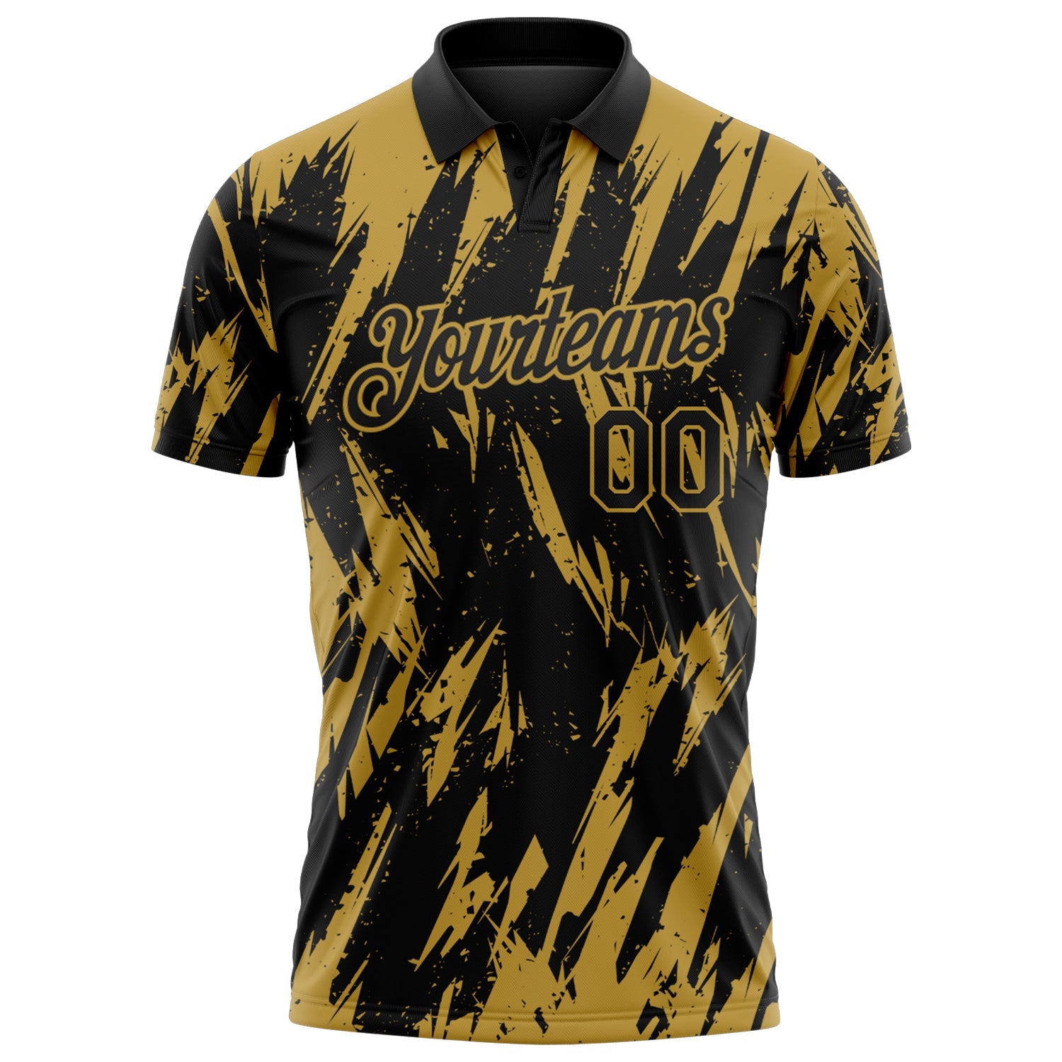 Custom Black-Old Gold Torn Sharp Brush Stroke Splatter Performance Polo Shirt