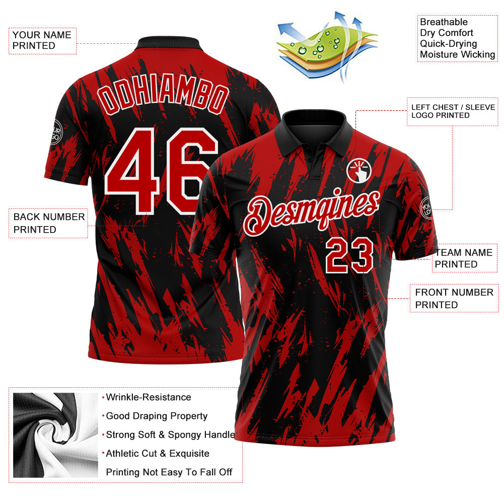 Custom Black Red-White Torn Sharp Brush Stroke Splatter Performance Polo Shirt