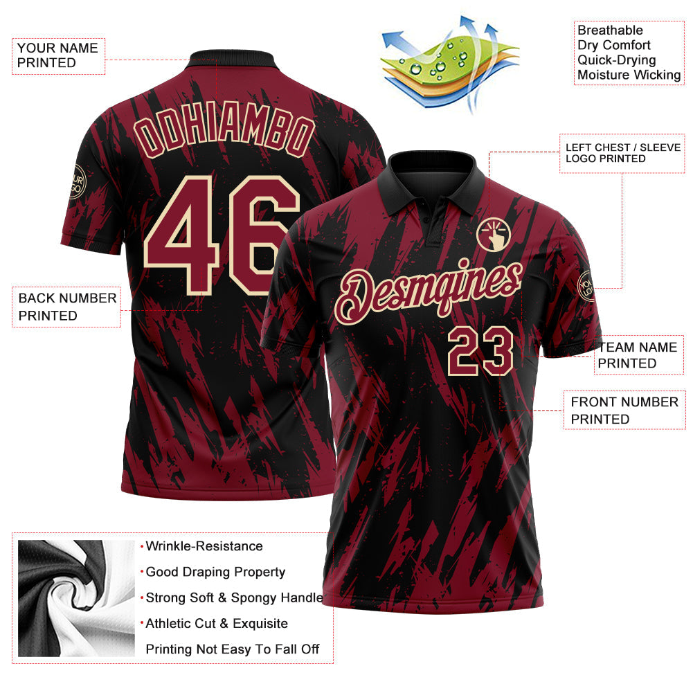 Custom Black Crimson-Cream Torn Sharp Brush Stroke Splatter Performance Polo Shirt