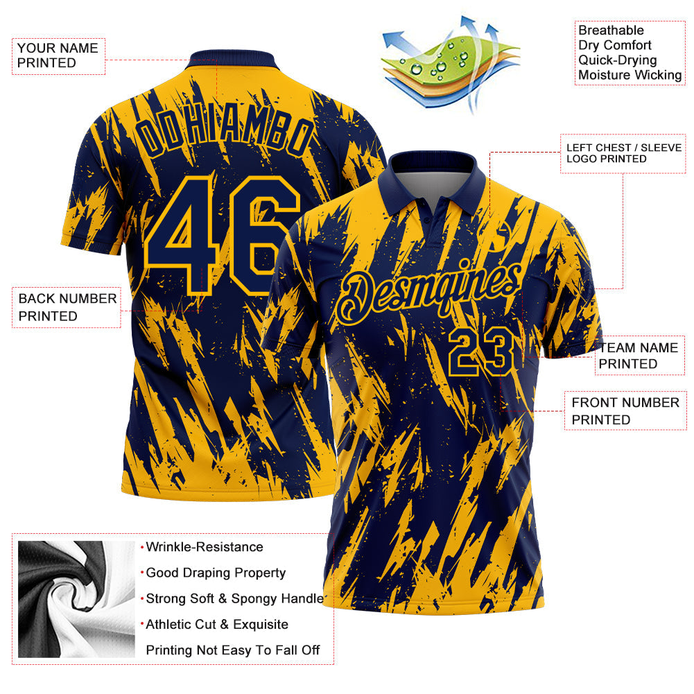 Custom Navy-Gold Torn Sharp Brush Stroke Splatter Performance Polo Shirt