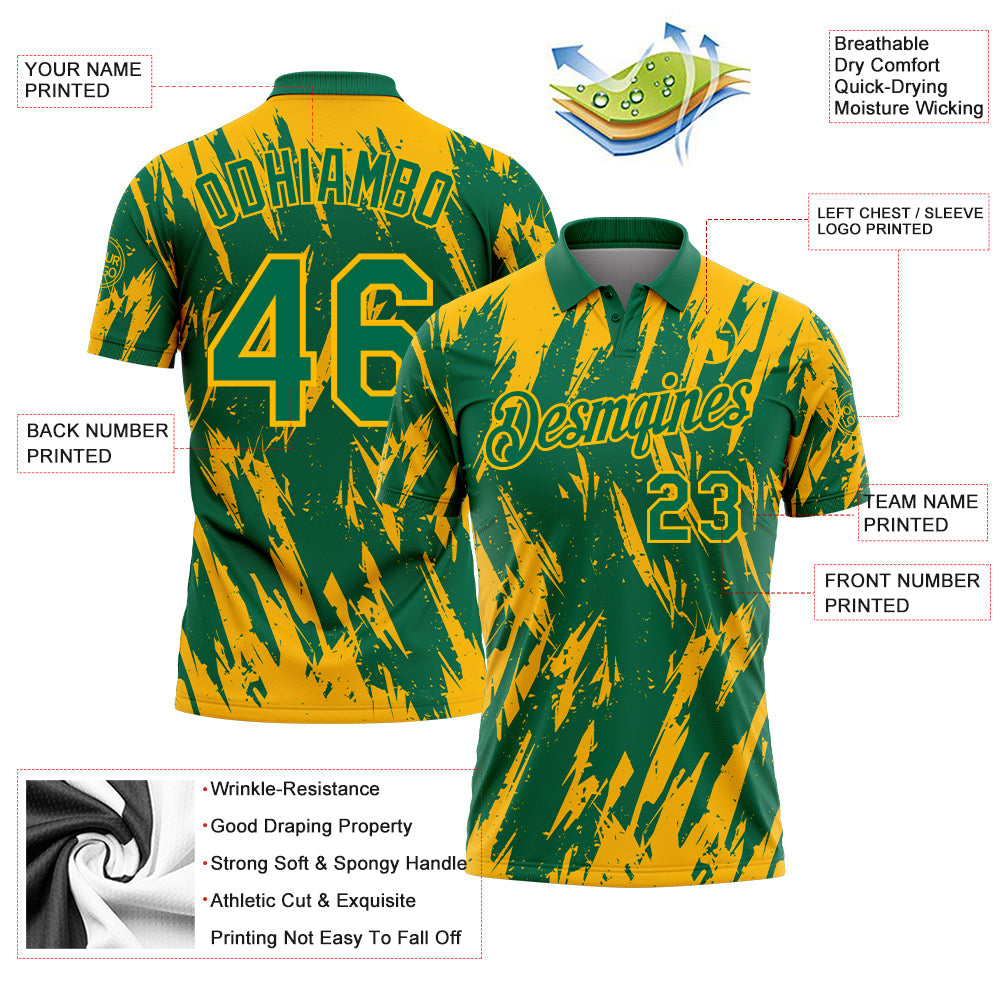 Custom Kelly Green-Gold Torn Sharp Brush Stroke Splatter Performance Polo Shirt