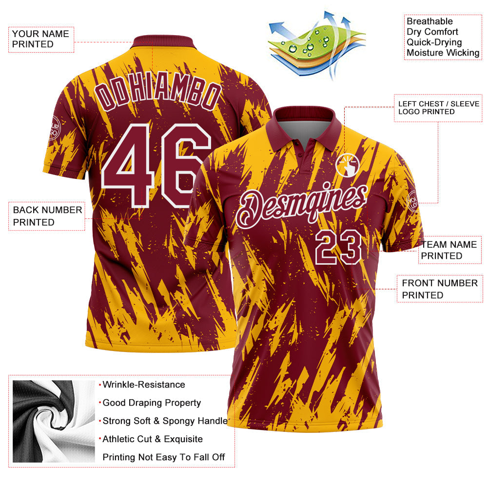 Custom Crimson Gold-White Torn Sharp Brush Stroke Splatter Performance Polo Shirt