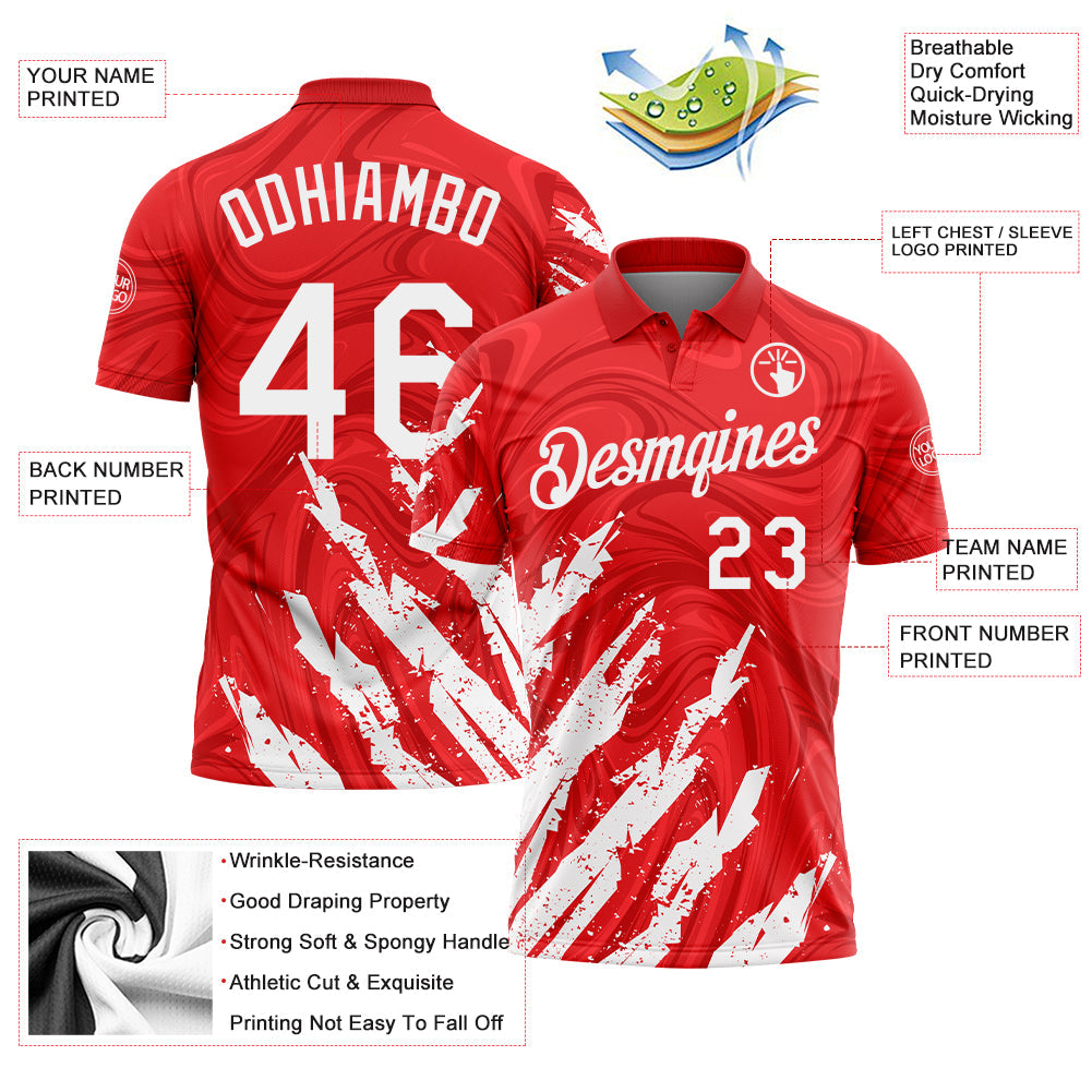 Custom Red-White Brush Stroke Splatter Liquid Swirl Performance Polo Shirt