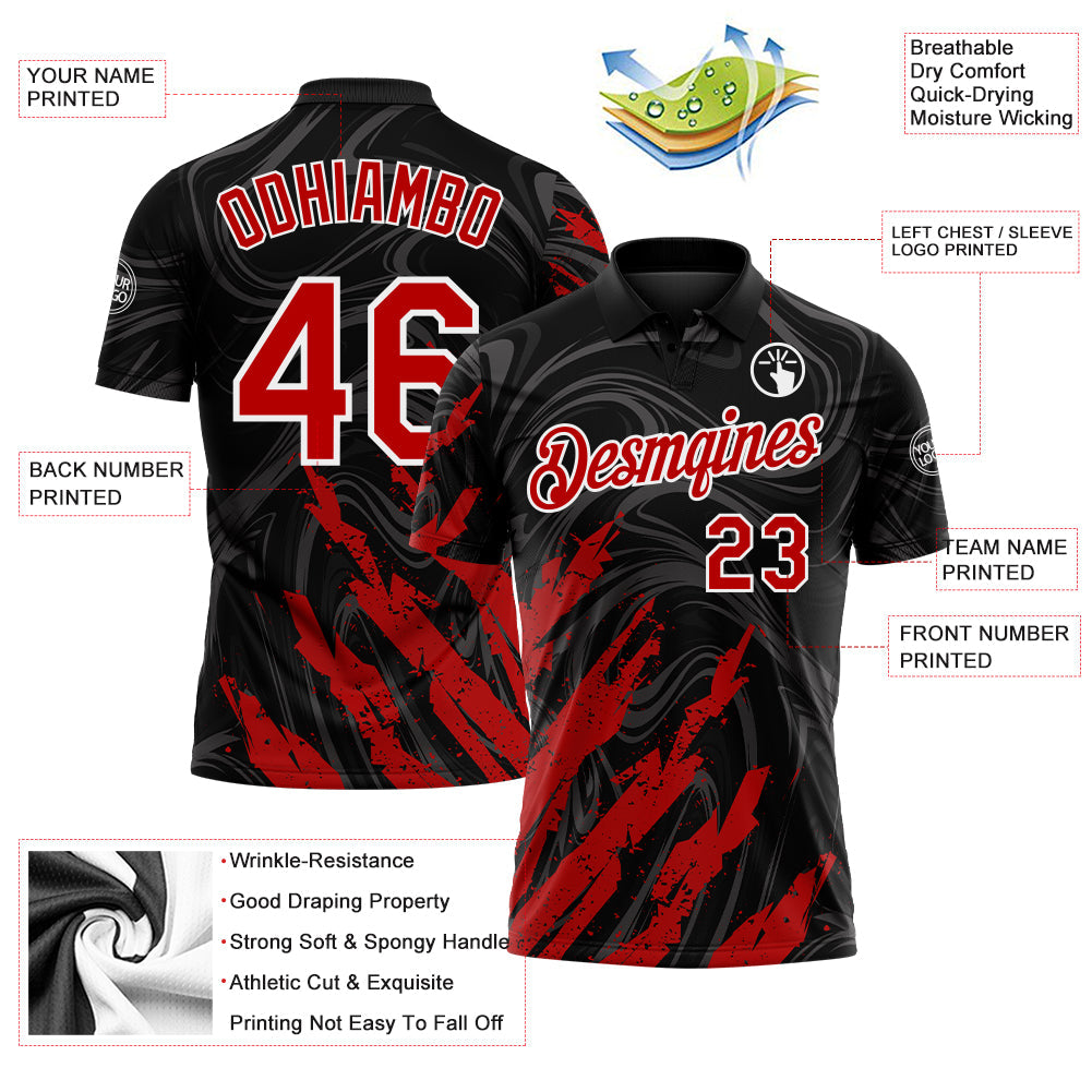Custom Black Red-White Brush Stroke Splatter Liquid Swirl Performance Polo Shirt