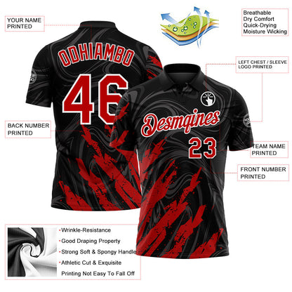 Custom Black Red-White Brush Stroke Splatter Liquid Swirl Performance Polo Shirt