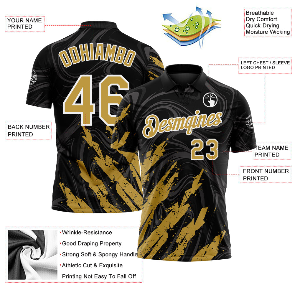 Custom Black Old Gold-White Brush Stroke Splatter Liquid Swirl Performance Polo Shirt