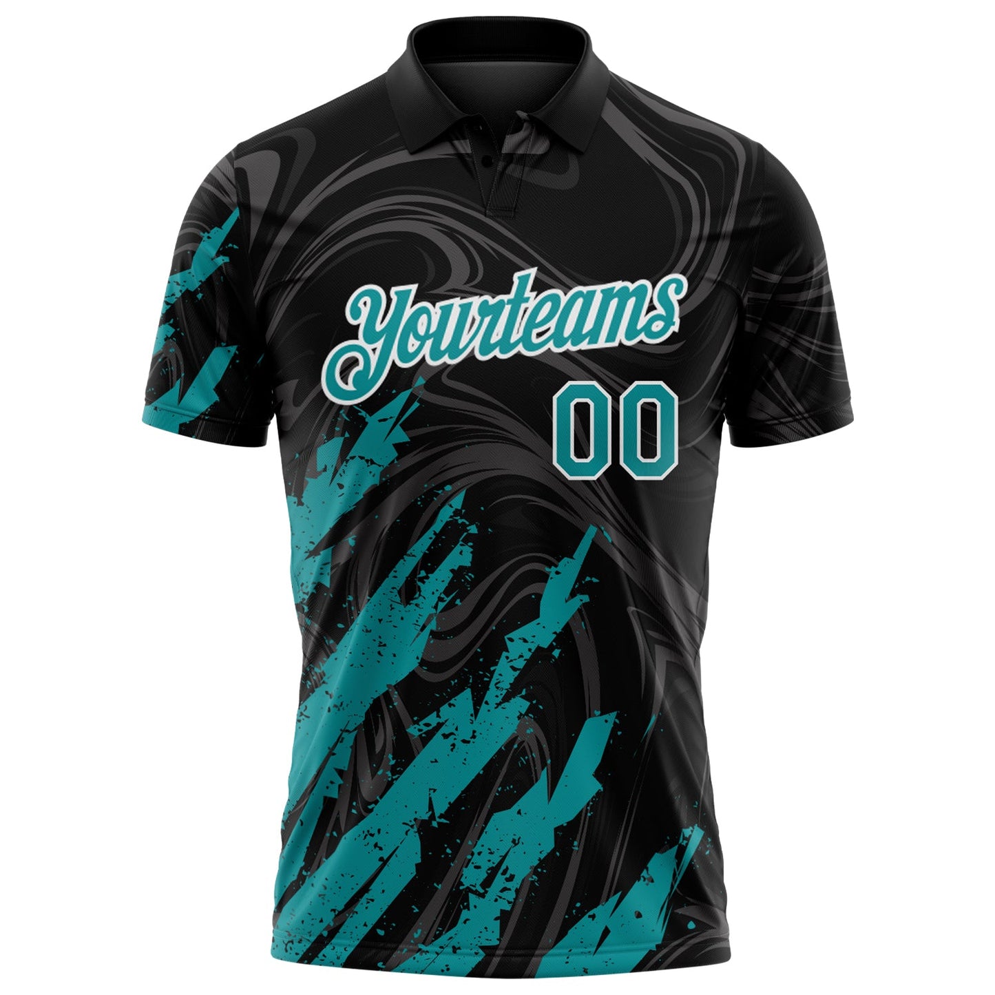 Custom Black Teal-White Brush Stroke Splatter Liquid Swirl Performance Polo Shirt