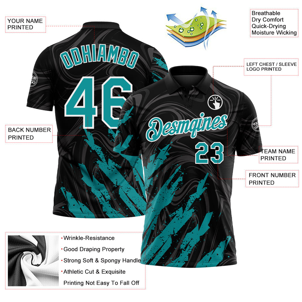 Custom Black Teal-White Brush Stroke Splatter Liquid Swirl Performance Polo Shirt