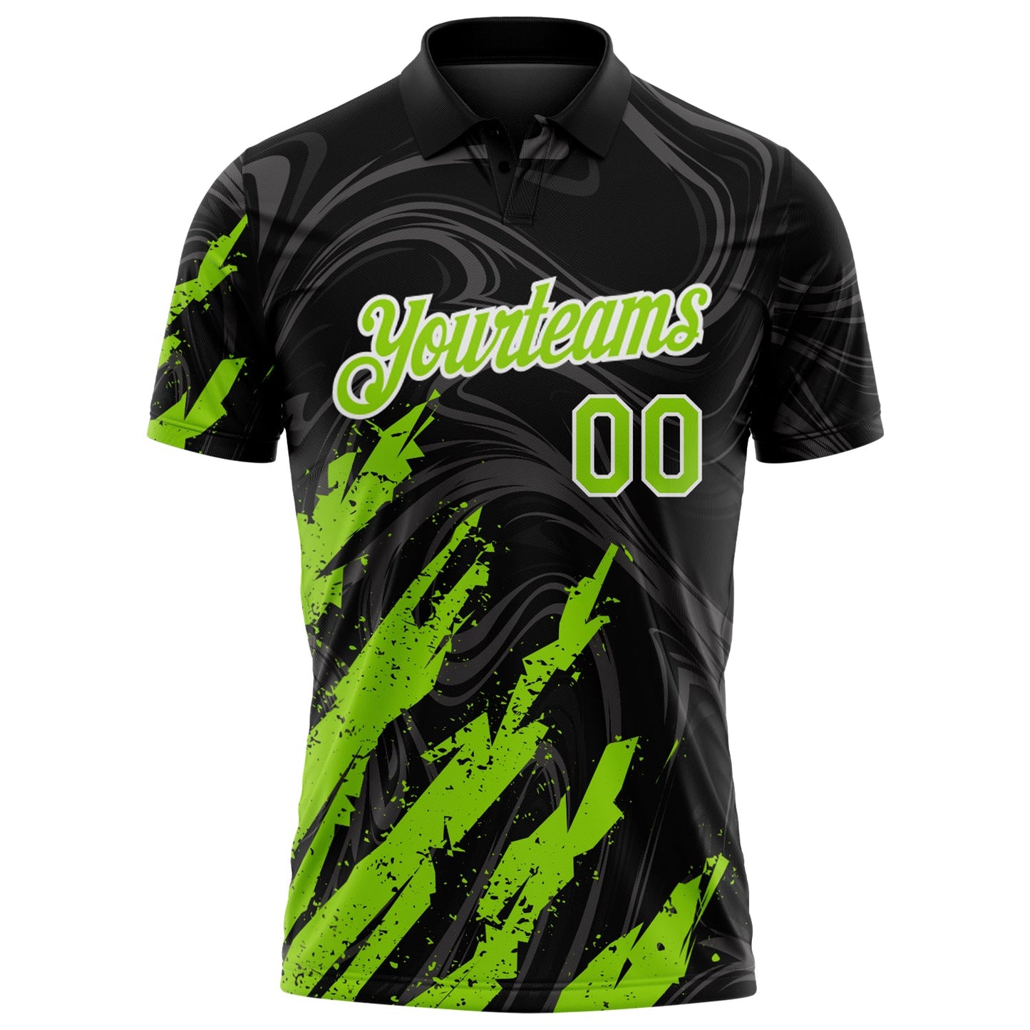 Custom Black Neon Green-White Brush Stroke Splatter Liquid Swirl Performance Polo Shirt