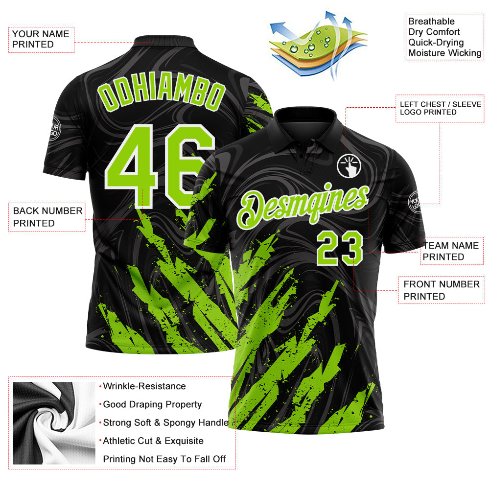 Custom Black Neon Green-White Brush Stroke Splatter Liquid Swirl Performance Polo Shirt