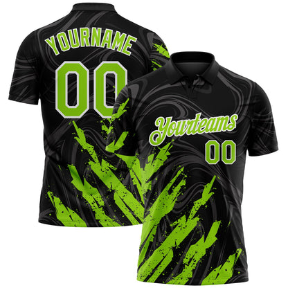 Custom Black Neon Green-White Brush Stroke Splatter Liquid Swirl Performance Polo Shirt