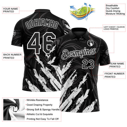 Custom Black-White Brush Stroke Splatter Liquid Swirl Performance Polo Shirt