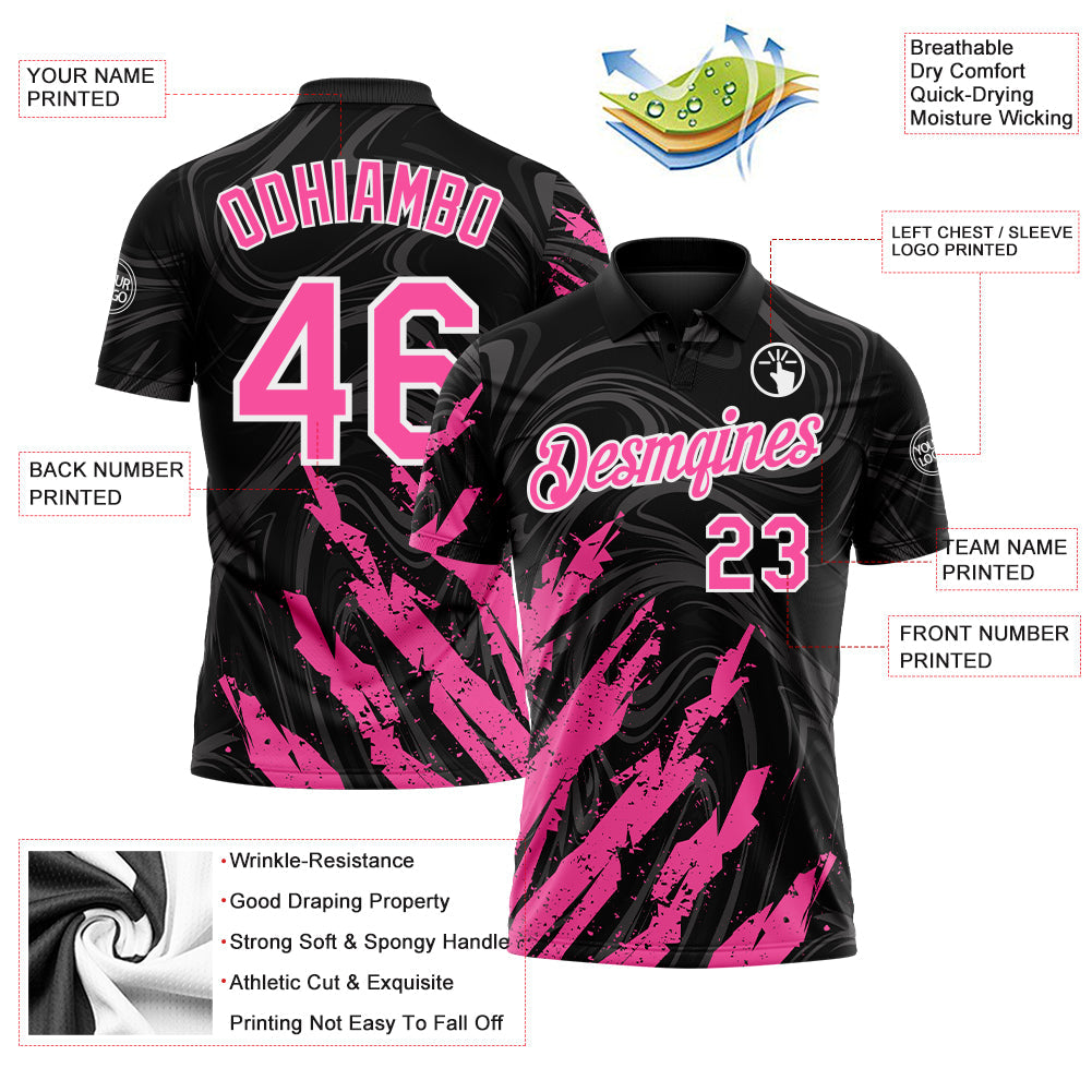Custom Black Pink-White Brush Stroke Splatter Liquid Swirl Performance Polo Shirt
