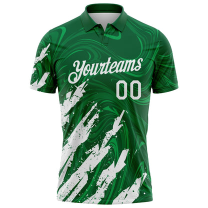 Custom Kelly Green-White Brush Stroke Splatter Liquid Swirl Performance Polo Shirt