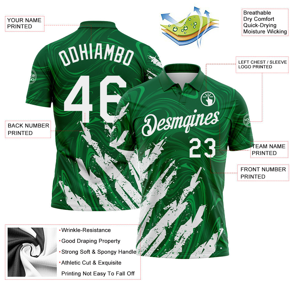 Custom Kelly Green-White Brush Stroke Splatter Liquid Swirl Performance Polo Shirt
