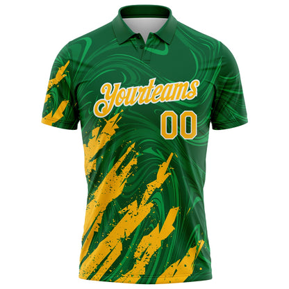 Custom Kelly Green Gold-White Brush Stroke Splatter Liquid Swirl Performance Polo Shirt