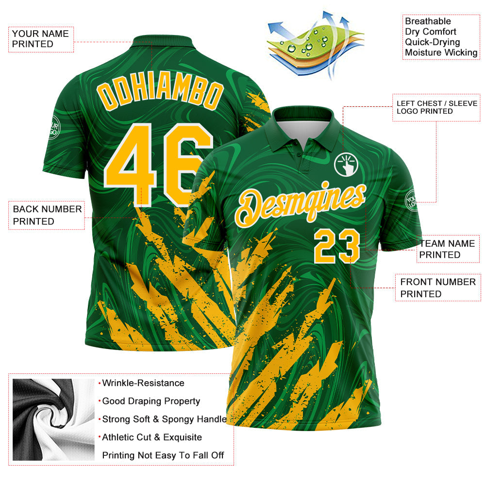 Custom Kelly Green Gold-White Brush Stroke Splatter Liquid Swirl Performance Polo Shirt