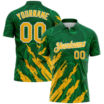 Custom Kelly Green Gold-White Brush Stroke Splatter Liquid Swirl Performance Polo Shirt