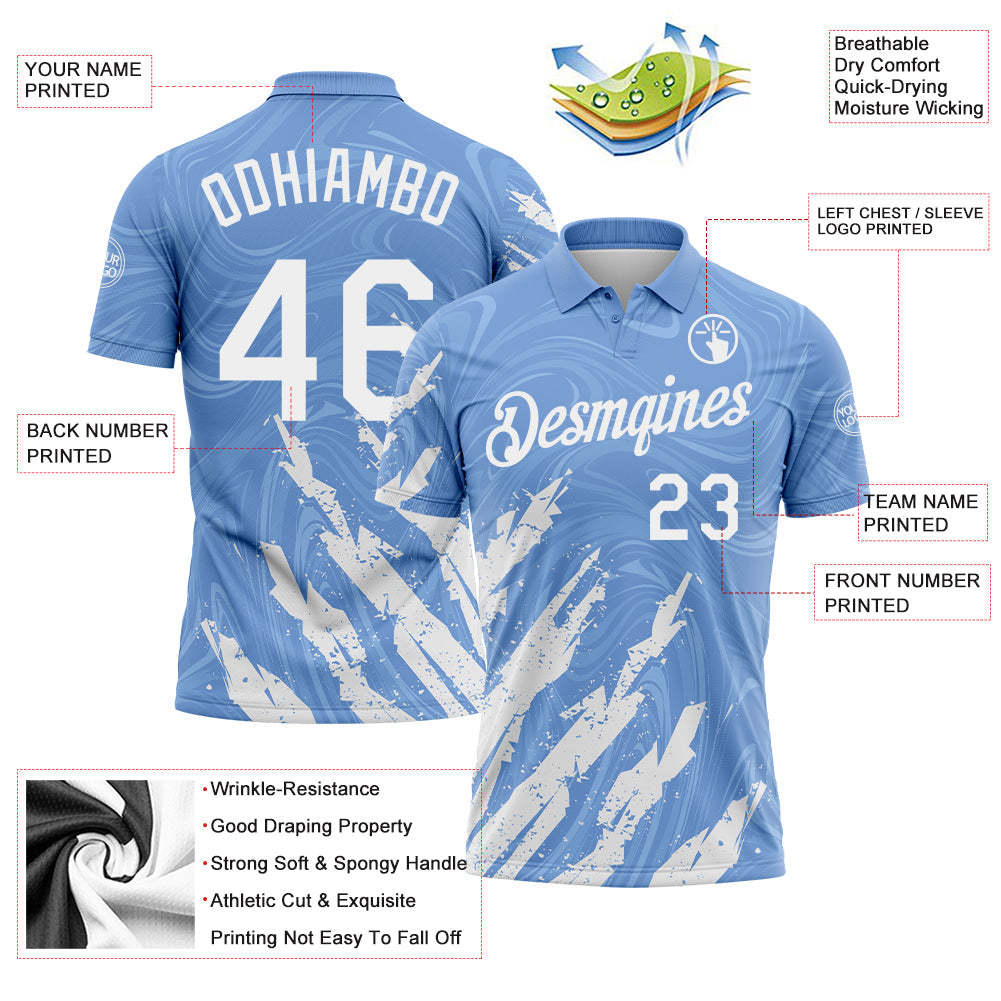 Custom Light Blue-White Brush Stroke Splatter Liquid Swirl Performance Polo Shirt