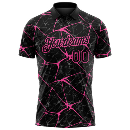 Custom Black-Pink 3D Pattern Abstract Network Crackle Performance Polo Shirt