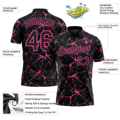 Custom Black-Pink 3D Pattern Abstract Network Crackle Performance Polo Shirt